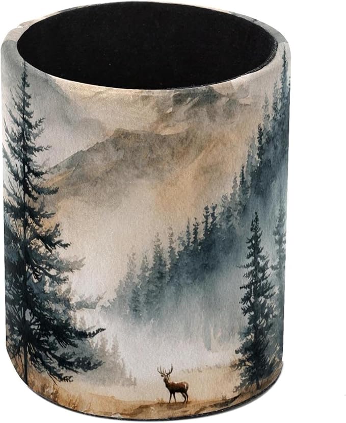 Watercolor Mountain Deer Circular Pen Holder, Pen Cup Makeup Brush Holder, Design for School, Home and Stationary Supplies (3.9 x 3.1 Inches)