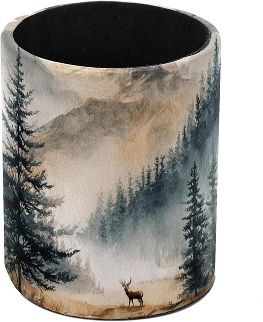 Watercolor Mountain Deer Circular Pen Holder, Pen Cup Makeup Brush Holder, Design for School, Home and Stationary Supplies (3.9 x 3.1 Inches)