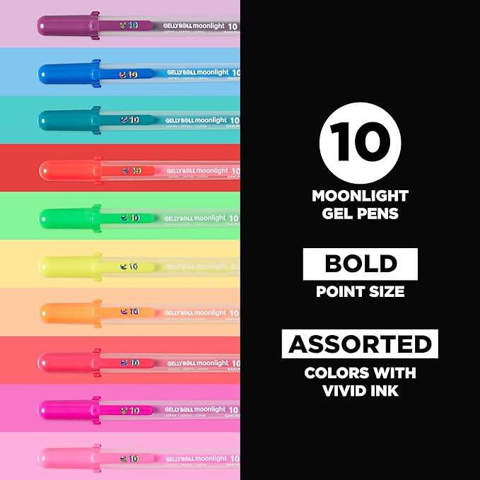 SAKURA Gelly Roll Moonlight 10 Gel Pens - Bold Point Ink Pen for Journaling, Art, or Drawing - for Art Gifts, DIY Projects - Assorted Bright Ink - Bold Line - 10 Pack