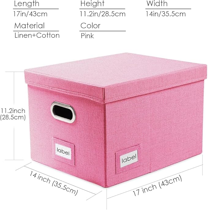 PRANDOM File Organizer Box - Set of 1 Collapsible Decorative Linen Filing Storage Hanging File Folders with Lids Office Cabinet Letter/Legal Pink (17x14x11.2 inch)