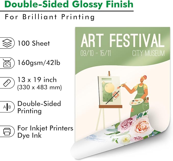 Koala Brochure Paper Double Side Glossy for Printing Photo 13X19 Inches 100 Sheets Compatible with Inkjet Printer 42LB