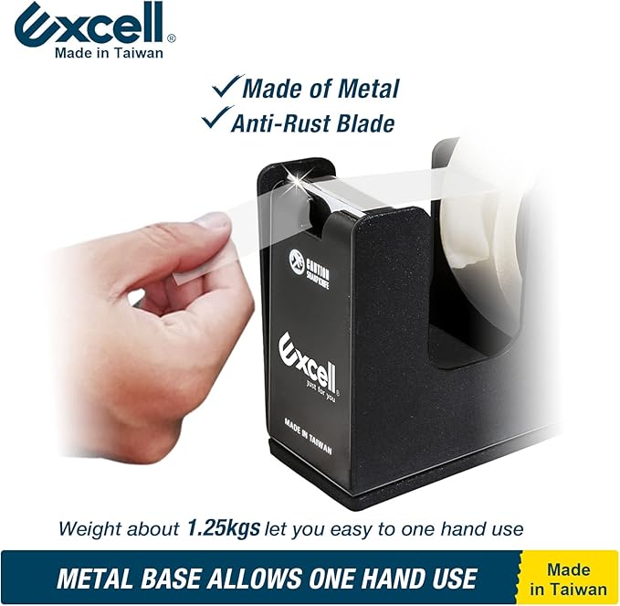 Excell EX-11125BK Dualcore Desktop Tape Dispenser (1"+3" Core) with Sturdy Metal Base, Tape Dispenser Desk for Home, Office, Shop, Retail Store and Warehouse Wrapping