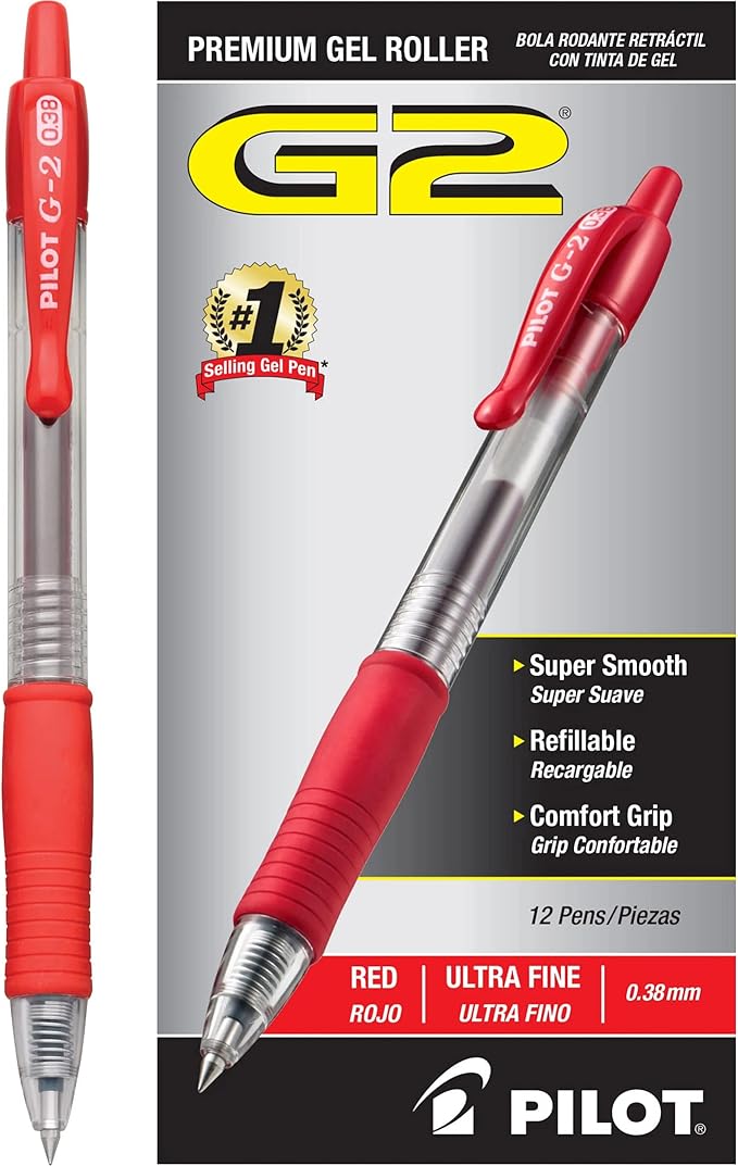 Pilot G2 Premium Gel Roller Pens, Ultra Fine Point 0.38 mm, Red Pens, Pack of 12 - Ideal for School, Journaling & Office Writing