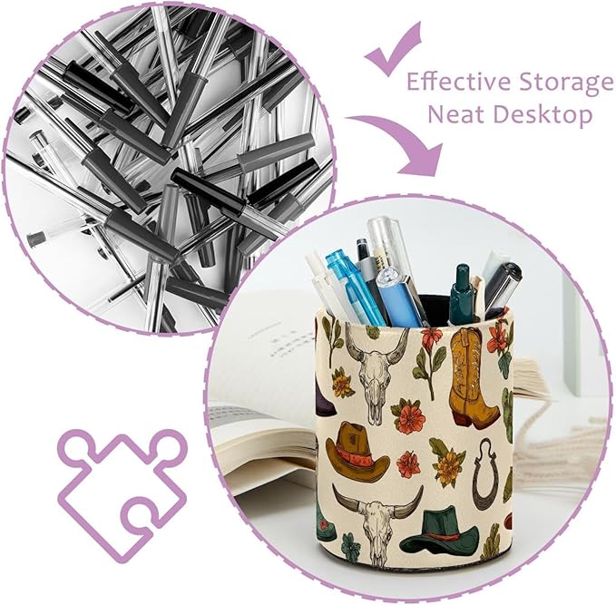 Western Cowboy Boots and Hats Circular Pen Holder, Pen Cup Makeup Brush Holder, Design for School, Home and Stationary Supplies (3.9 x 3.1 Inches)
