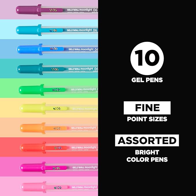 SAKURA Gelly Roll Moonlight 06 Gel Pens - Fine Point Ink Pen for Journaling, Art, or Drawing - Assorted Fluorescent Ink - Fine Line - 10 Pack