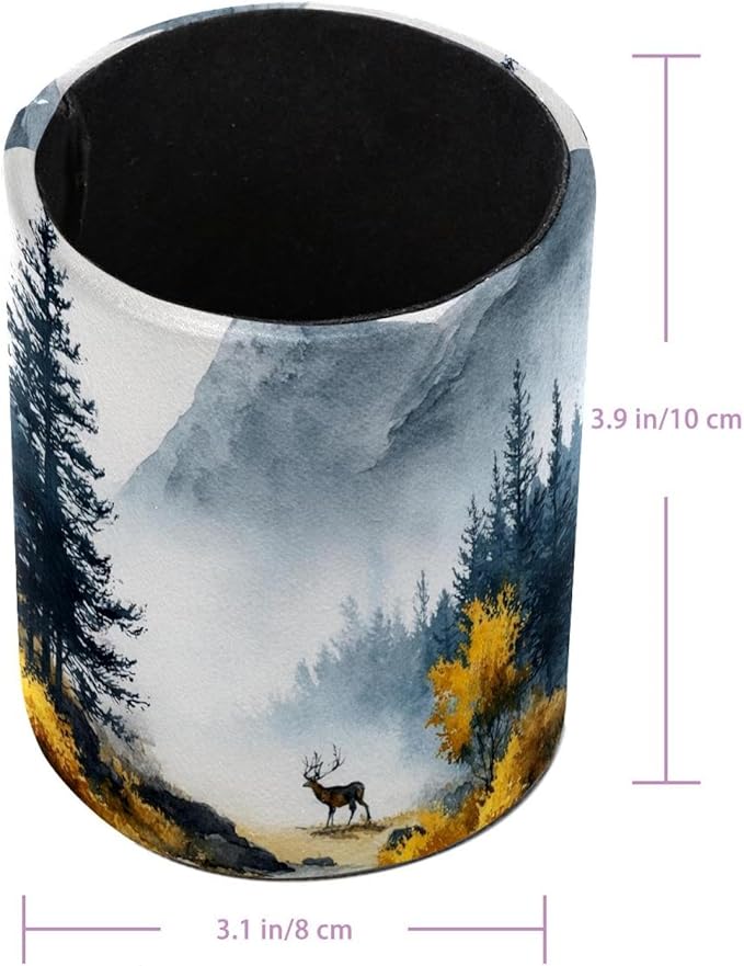 Watercolor Mountain Deer Circular Pen Holder, Pen Cup Makeup Brush Holder, Design for School, Home and Stationary Supplies (3.9 x 3.1 Inches)