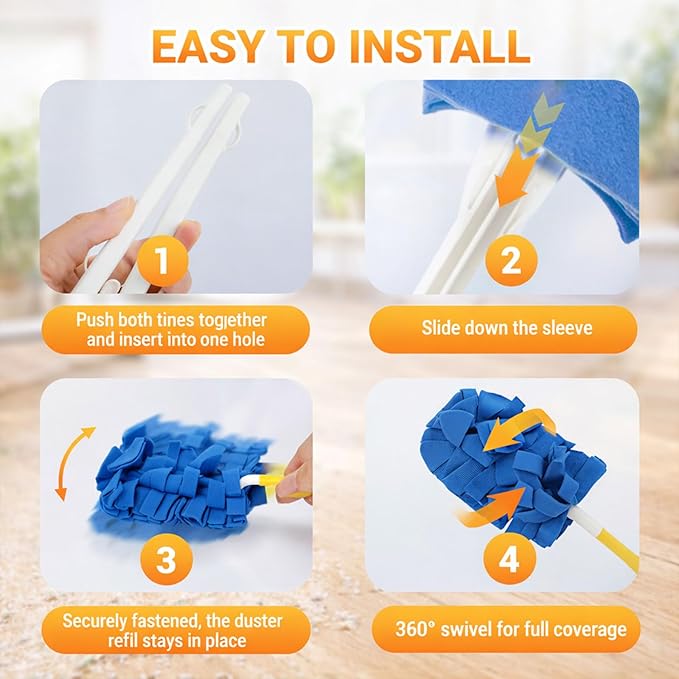 360° Degree Electrostatic Duster Refills Set with Handle, 6 Pack Washable Reusable Microfiber Dusting Heads 360 Rotation for Blinds, Ceiling Fans, Shelves, Car Interior (Yellow)
