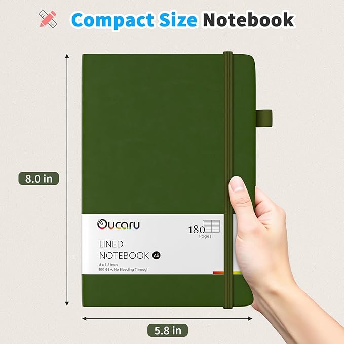 Oucaru Lined Journal Notebook, 2 Pack, 180 Pages, A5 Journals for Writing, 100 GSM Thick Paper, Small Notebooks Daily Journal for Women Men Work, Business, School, Travel Supplies