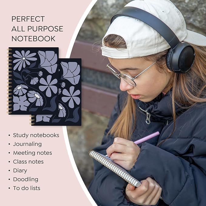 VONTP Boho Abstract Floral Spiral Notebook, Blue Abstract Flower Aesthetic Journal, Boho Office Supplies, Botanical Floral College Ruled Notebook Journal for Writing, 5.5x8.3