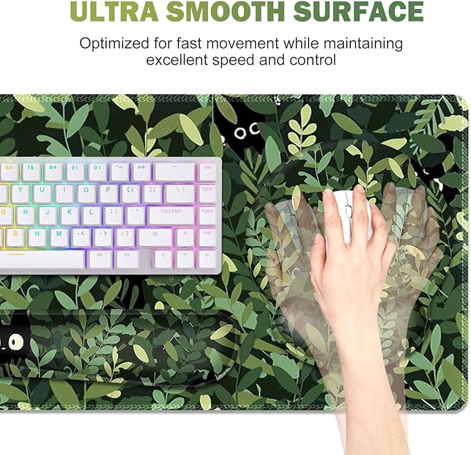 Large Desk Mat, Cute Anime Cats Gaming Mouse Pad, Desk Pad Protector, XXL Mousepad + Keyboard Wrist Rest+Mouse Wrist Rest+Coaster Set with Ergonomic Desk Pad for Home Office PC Computer, Green Leaves