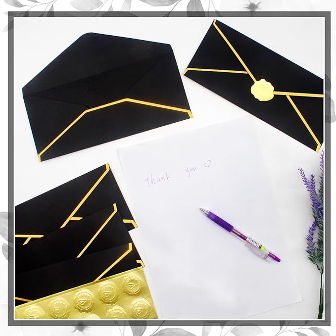 Business Envelopes with V-Flap,Gold Border 30 Pack #10 Envelopes Made of 150gsm Paper, Standard Envelopes with Gold Stickers for Office, Checks, Letter Mailing,9.45 x 4.13 Inches (Black)