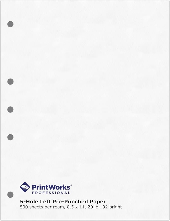 PrintWorks Professional 5 Hole Punch Left Paper - Pre-Punched for Folders & Binders - Made in the USA - 500 Sheets - 8.5" x 11" - 20 lb - 92 Bright White (04340)