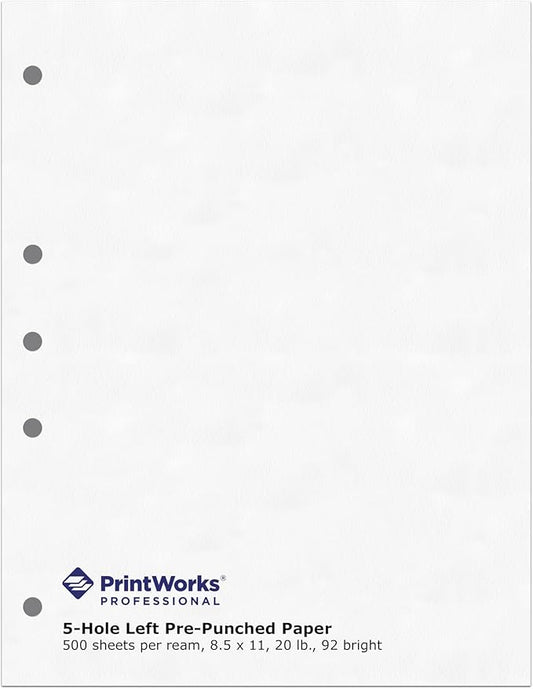 PrintWorks Professional 5 Hole Punch Left Paper - Pre-Punched for Folders & Binders - Made in the USA - 500 Sheets - 8.5" x 11" - 20 lb - 92 Bright White (04340)