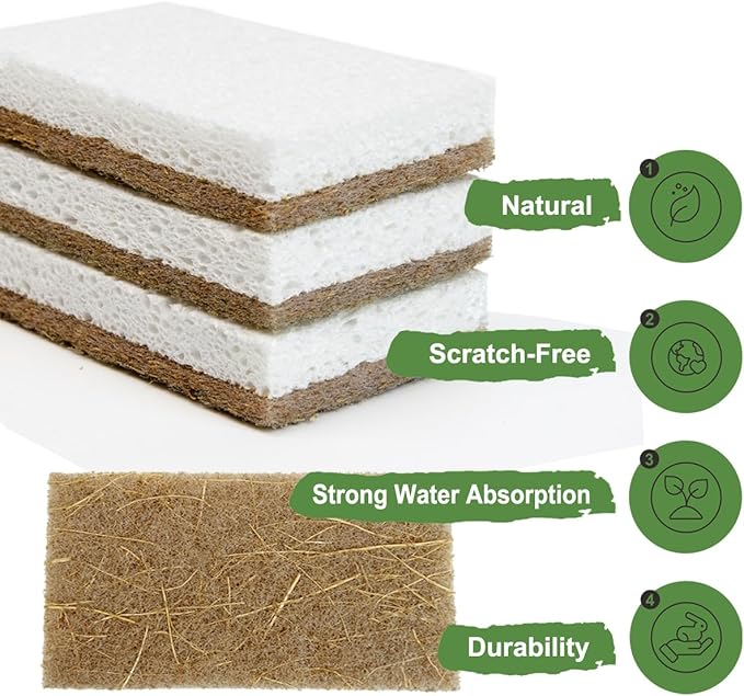 CELOX 12 Pack Coconut Fiber Biodegradable Sponges, Non Scratch Kitchen Cleaning Sponge, Eco-Friendly Dual-Sided Sponge for Dishwashing
