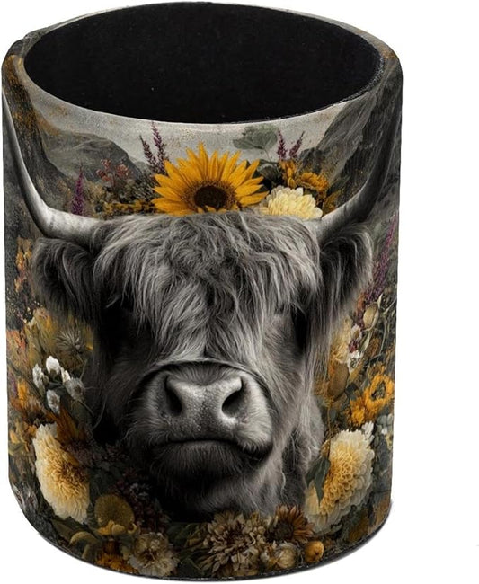 Watercolor Sunflower Yak PVC Leather Circular Pencil Holder for Desk Organizer Stationery Holder for Office, School(3.9 x 3.1 Inches)