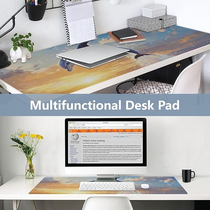 Mouse Pad Desk Mat Leather Desk Pad Large Gaming Desk Cover Protector Mat for Keyboard Computer Laptop Office Waterproof 35.4 x 16.5 Inch Dolphin Jumping Sunset Blue