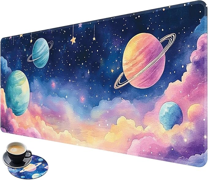 Desk Mat Large Gaming Mouse Pad (31.5x11.8 inch) with Stitched Edges, XL Mouse Pad +Coaster, Extended Mouse Mat Keybroad Mousepad Non-Slip Rubber for Gamer Men Women, Colored Nebula Planet