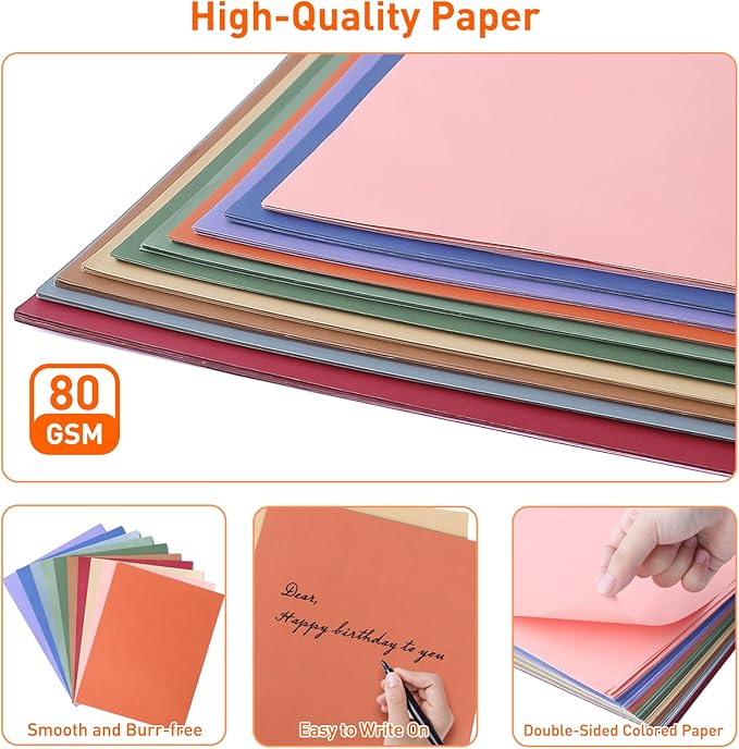 MAXECHO 8.5" × 11" Bulk Colored Copy & Print Paper, 200 Sheets 10 Assorted Colors Printer Paper Computer Paper Suitable for Origami, Crafts, DIY Projects, 80 GSM