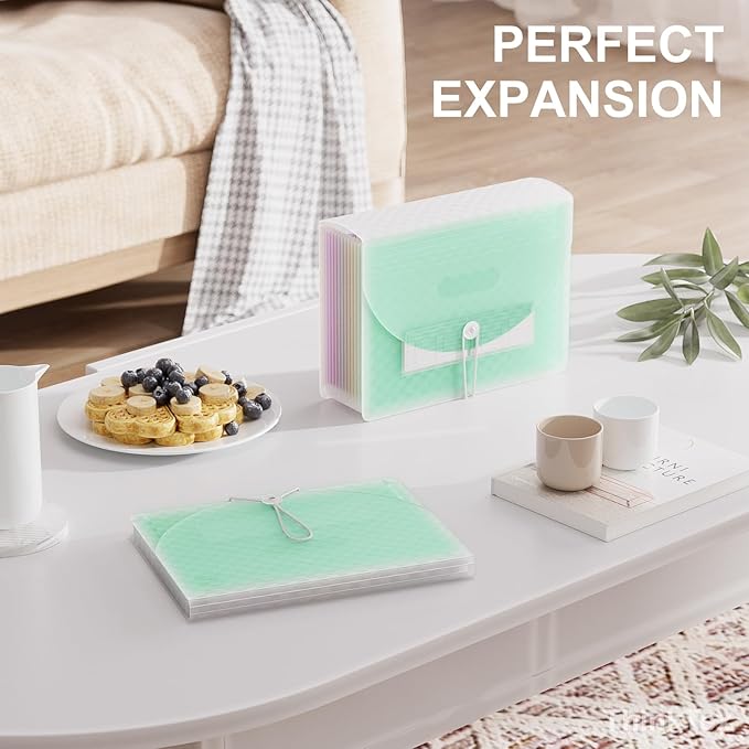 ThinkTex Accordion File Organizer, 12 - Pocket Expanding File Folders for Paper Receipts, Bills&Taxes Organizer, Letter/A4 Size Document Holder for School, Office, Home with Colorful tabs - Green