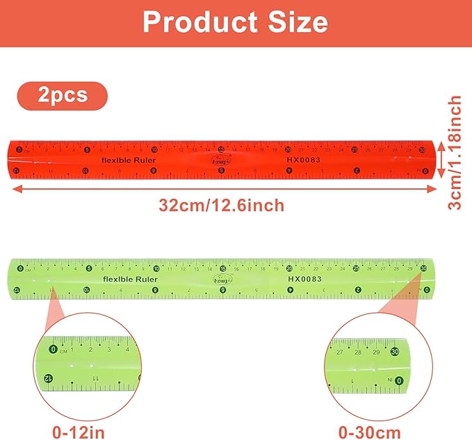 2 Pcs Flexible Ruler Set, 12 Inch Plastic Ruler Red and Green Bendable Measuring Tool for Office Home Drafting Tools