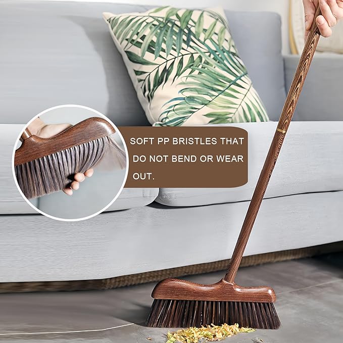 Xifando Wood Angle Broom – 44.8” Wooden Handle Compact Brooms for Indoor Kitchen – Soft PP Bristles, Durable Sweeping Broom