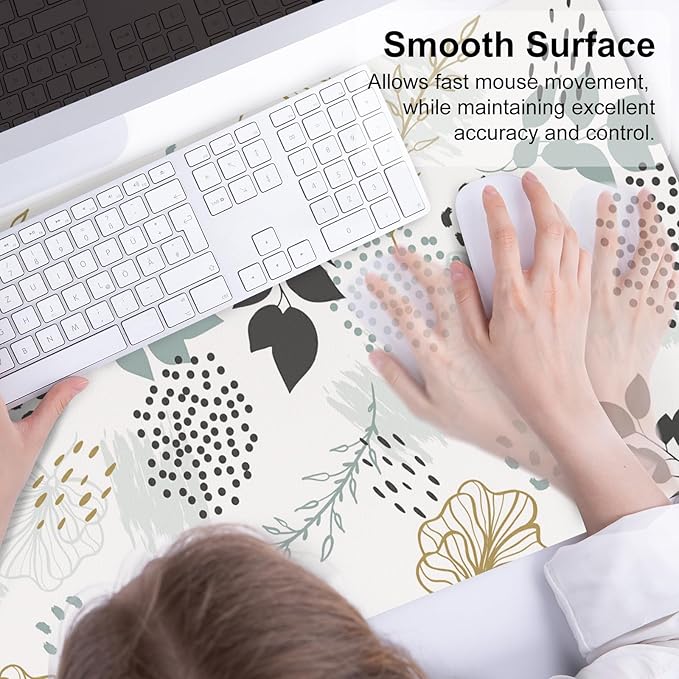 QIYI Large Mouse Pad, Extended Desk Mat for Desktop, PU Leather Waterproof Gaming Mousepad, Computer Desk Accessories Protector Writing Pads for School Office Home 31.5" x 15.7" - Floral Outlines