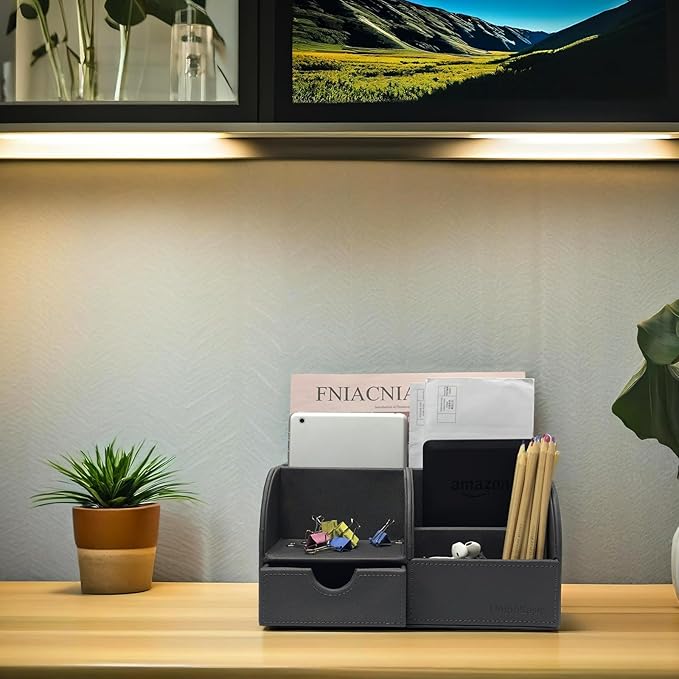 UnionBasic Desk Organizer - Multifunctional Leather Desktop Pen Holder Storage Box - Business Card/Pen/Pencil/Mobile Phone/Stationery Holder, Dark Gray