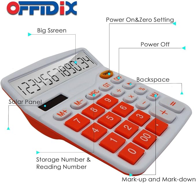 OFFIDIX Office Solar Desktop Calculator and Battery Dual Power Portable Electronic Calculator 12 Digits Large LCD Display Calculator Orange