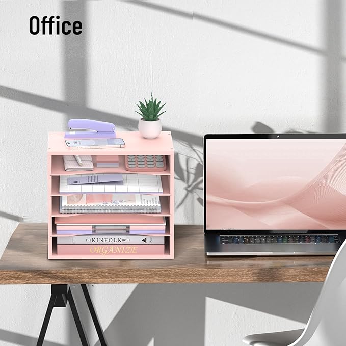 5-Tier Wood Desk Organizer, Paper Tray Organizer for Desk with Adjustable Storage Shelves, Desktop Paper Sorter Mail Holder for Office Home Classroom, Pink
