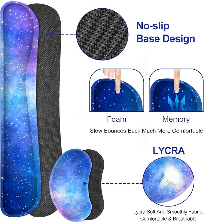 Desk Mat, Gaming Mouse Pad Wrist Rest Support Combo, XXL Large Mousepad + Keyboard Wrist Support +Mouse Wrist Rest+Coaster Set with Ergonomic Design 4in1 for Home Office, Nebula Galaxy