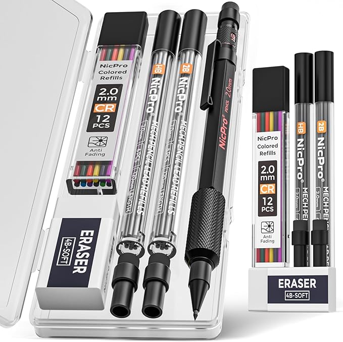 Nicpro 2mm Mechanical Pencils Set with Case, 12 Black & Colored Lead Refills, Erasers - MP2000 Weatherproof Metal Lead Holder, Heavy Duty Carpenter Pencil For Writing, Drawing, Woodworking
