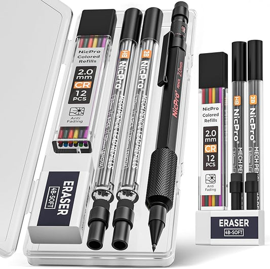 Nicpro 2mm Mechanical Pencils Set with Case, 12 Black & Colored Lead Refills, Erasers - MP2000 Weatherproof Metal Lead Holder, Heavy Duty Carpenter Pencil For Writing, Drawing, Woodworking