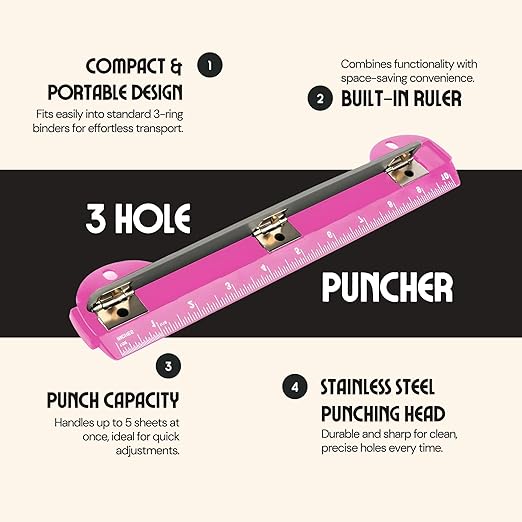 Performore 3 Hole Portable Paper Punch (Pink) with Built-in 10" Ruler, 5 Sheets Capacity, Letter-Size for 3-Ring Binders