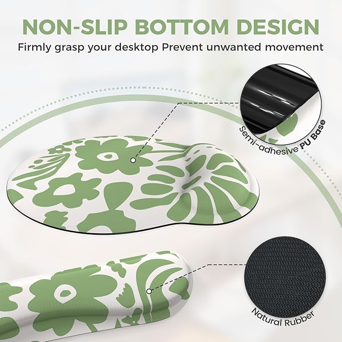 iCasso Desk Cover Mat, 4in1 Floral Large Mouse Pad with Wrist Rest, Desk Matt for Desktop, Anti-Slip XXL Big Computer Ergonomic Mousepad with Wrist Support for Keyboard and Mouse (Green)