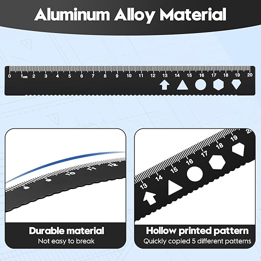 MSDADA Triangle Ruler, Protractor, Square and Ruler Set, 4 Pieces Aluminum Alloy Ruler, Metal Drafting Ruler Kit, Geometric Protractor for Student, School, Home, Office (Black, 20cm/7.87inch)