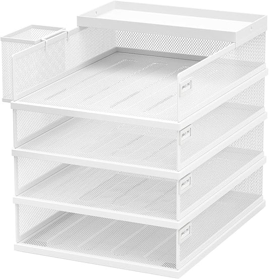 Stackable Letter Trays, 4 Tier Metal Paper Tray & Desk Organizer, Stackable File Trays for Office & Home, Multi-Functional Document Tray with Fine Grid Design & Magnetic Labels,White