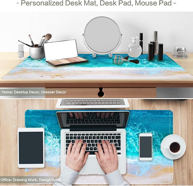 Blue Ocean Mouse Pad Desk Mat Starfish Beach Big Gaming Mouse Pad Anime Desk Pad Mousepad XXL Extended Keyboard Mat, Computer Laptop Mouse Mat for Work, Game, Office, Home, Waterproof, 31.5 x 15.7 in