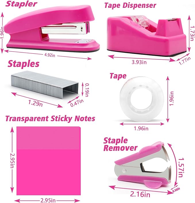Hot Pink Desk Accessories, UPIHO Rotating Pen Holder Set,Hot Pink Office Supplies with Stapler and Tape Dispenser Set, Gifts for Office Clerks,Student