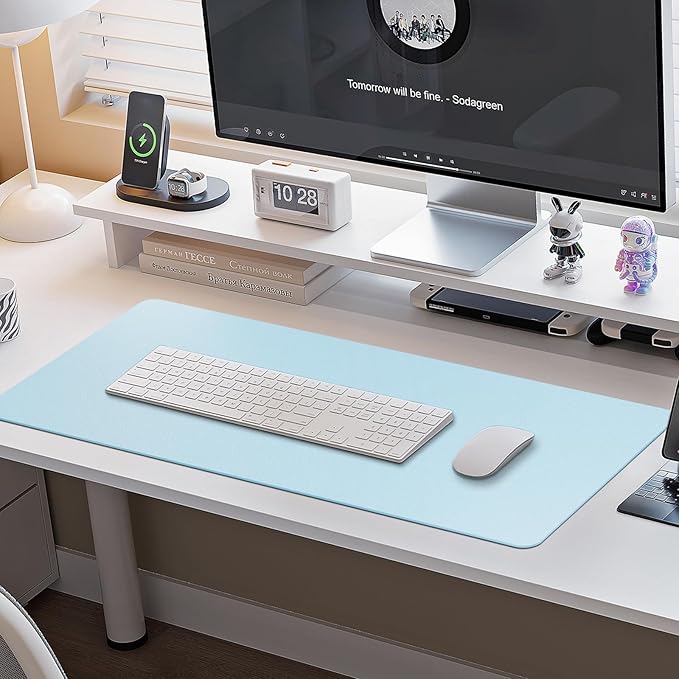 Boutilon Leather Desk Pad Protector,Non-Slip Mouse Pad,Laptop Desk Pad,Office Mouse Mat,Waterproof Leather Desk Blotter,Desk Writing Pad for Office and Home (S-Light Blue,24"x 14")