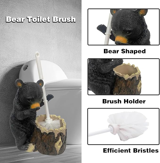 BGBWBFBR Whimsical Black Bear Toilet Brush Holder Set - Unique Cub Shape Decorative Bathroom Cleaning Kit for Cabin Owners, Bear-Themed Home Decor, Cozy Cabin Gifts