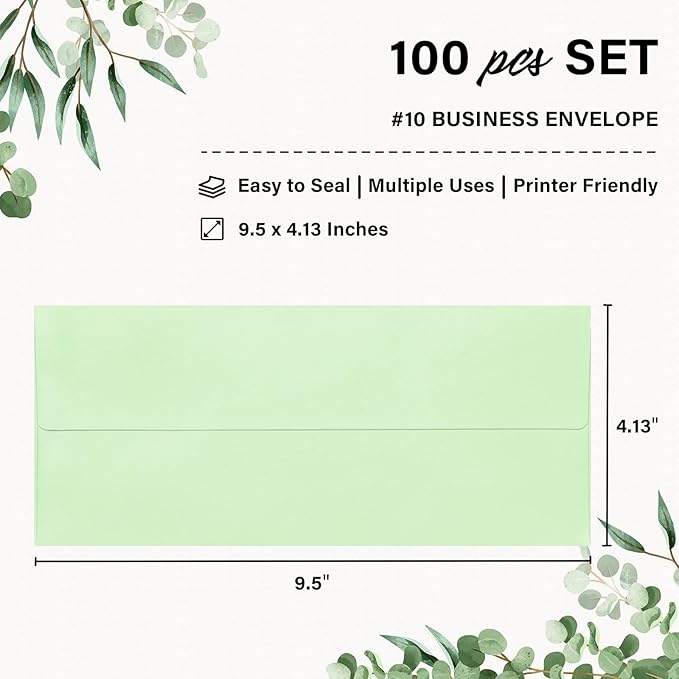 100 Pack #10 Business Envelopes, Self Seal Standard Light Green Envelopes for Secure Business & Legal Mailing, Office, Checks, Letter, Invoices, 4 1/8 x 9 1/2 Inches