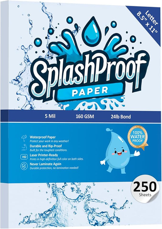 Printer Paper - 8.5" x 11", 5 Mil Waterproof Paper, Laser Printer & Copy Machine Compatible (8.5" x 11" - Letter, 250 Sheets)