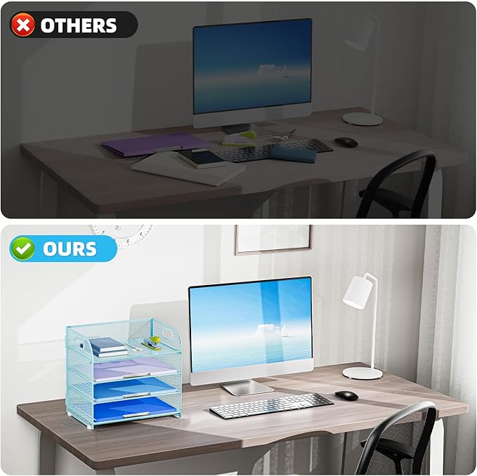 Marbrasse 4 Tier Paper Organizer Letter Tray - Mesh Desk File Organizer with Handle, Paper Sorter Organizer for Letter Office File Folder Holder (Blue, 12.6" x 9.1" x 10.7")