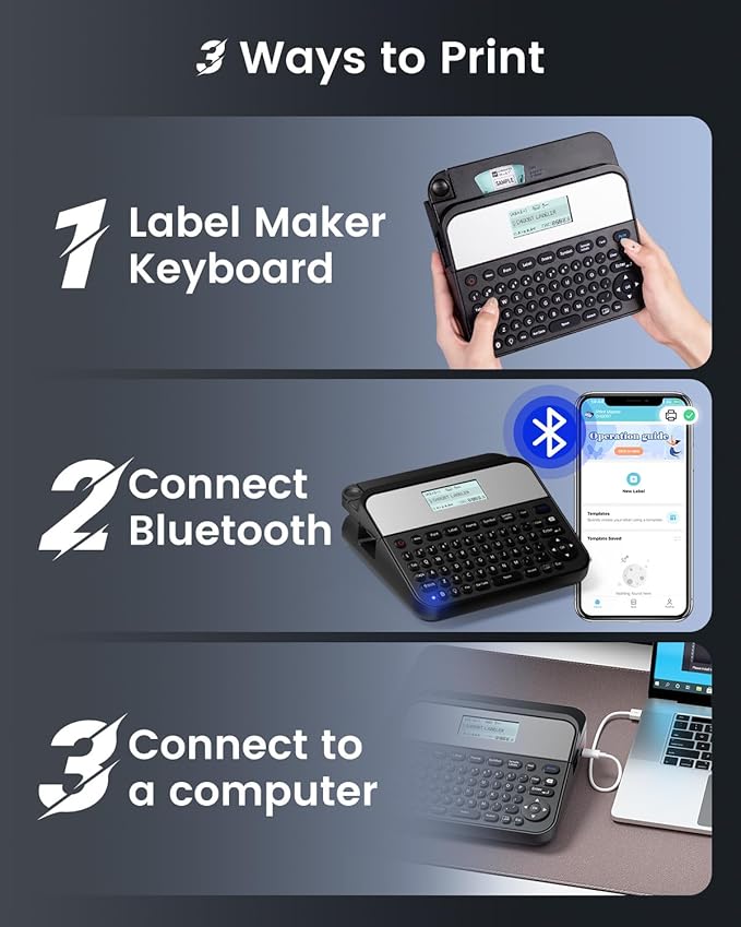18mm Label Maker Machine with-Tape, Bluetooth Rechargeable Labeler with Keyboard, Backlit Screen, Connect PC & Phone, Create Via BZ Label Up to~18mm 3/4 inch, Idea for Home Office, D480BT