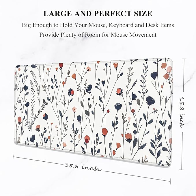 Auhoahsil Desk Mat, Ultra Large Mouse Pad, XXL Gaming Mousepad, Pretty Desk Pad, Big Extended Full Size Desktop Desk Matt for Keyboard, Laptop & Computer, 35.5 x 15.7 in, White Flowers