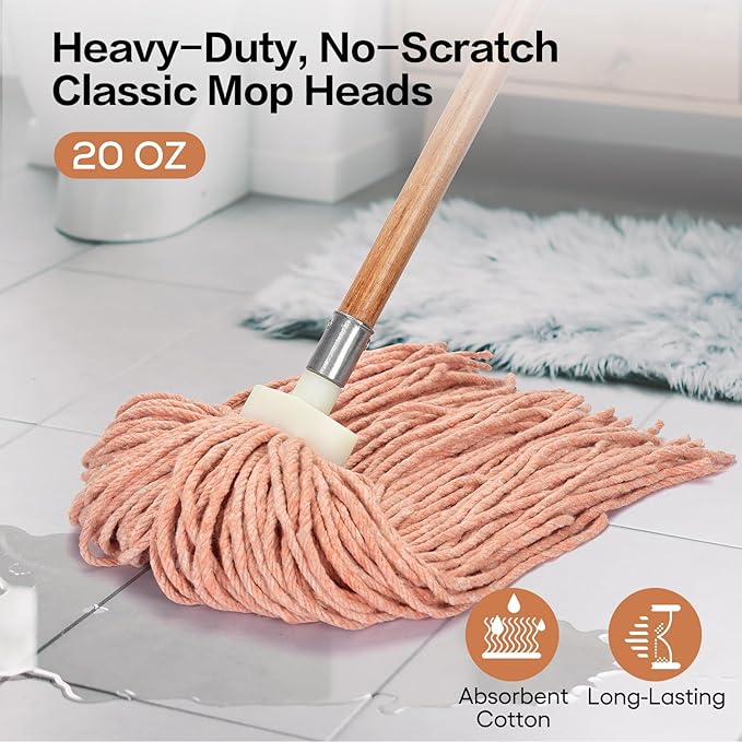 Matthew Cleaning Screw-on Heavy Duty Cotton Wet Mop Replacement Heads(Orange, Medium,12 Pack) with 2 Pack Microfiber Cloth for Residential & Commercial Floor Cleaning Use- Fit Standard American Screw