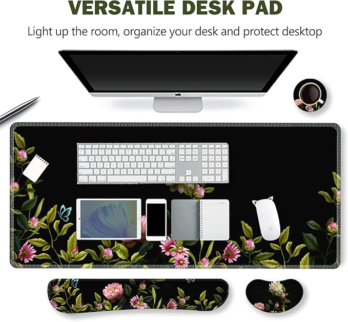 ARTSO Gaming Mouse Pad Wrist Support Set, XXL Large Desk Mat Mousepad + Keyboard Wrist Support+ Mouse Wrist Rest+Coaster 4in1 Ergonomic, Stitched Edge for Home Office -Flowers and Butterflies