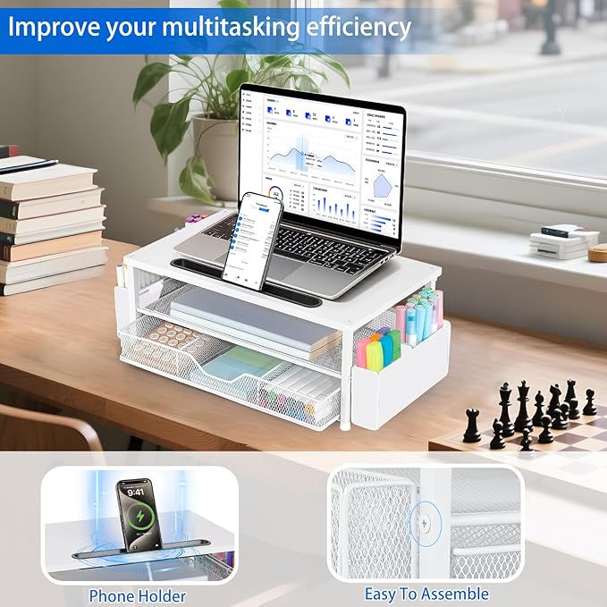 AUPSEN White Monitor Stand Riser, 2-Tier Wood Computer Desk Organizer with Drawer, Pen Storage & Phone Holder, Office Desk Accessories Desktop Organizer for Office Supplies