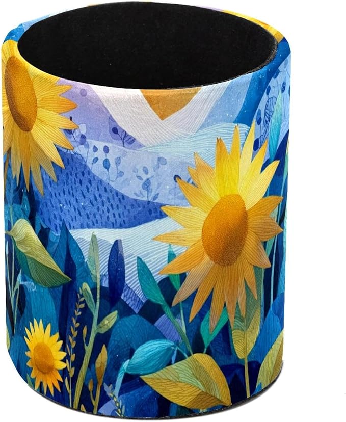 1 Pack Watercolor Art Sunflower Circular Pen & Pencil Holder - Durable PU Leather Pencil Cup, Desk Accessories Organizer for Office Desk School Home