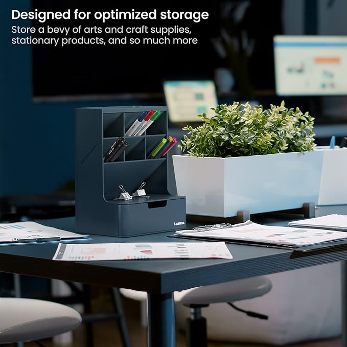 ARTEZA Desktop Pen and Marker Organizer – 6-Compartment Blue Holder with Drawer for Desk, Office, Makeup, and Art Supply Organization